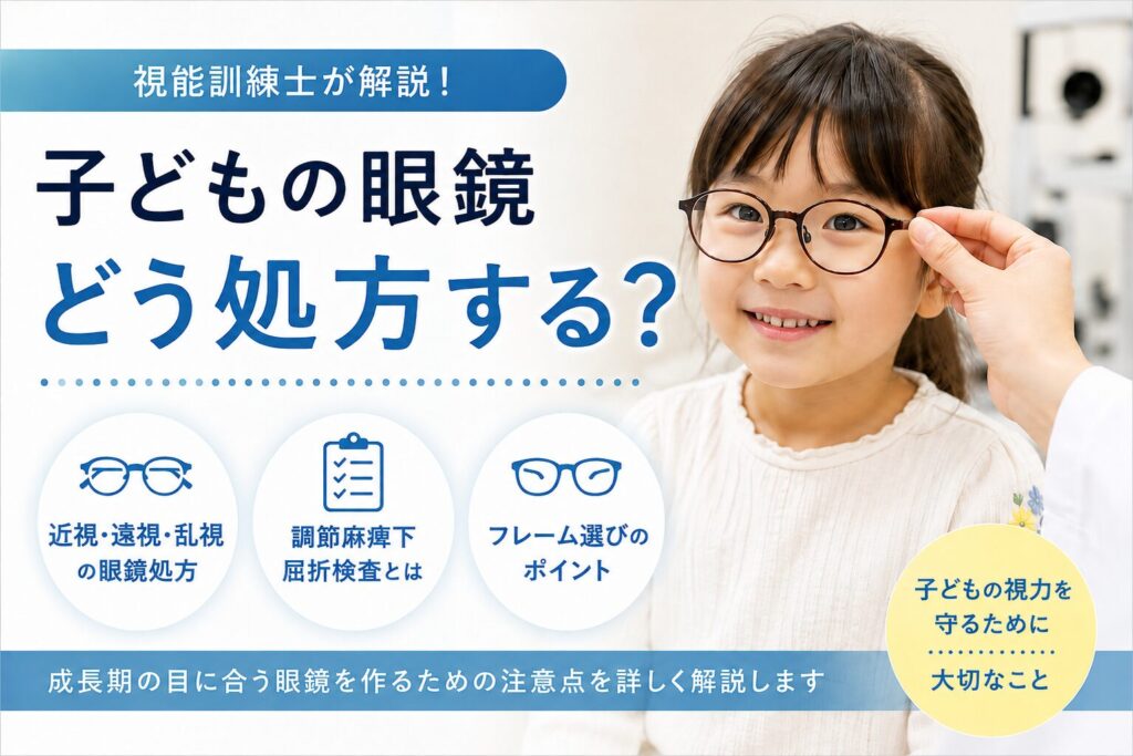 眼鏡をかけた子どもと、近視・遠視・乱視の眼鏡処方や調節麻痺下屈折検査、フレーム選びを紹介する画像