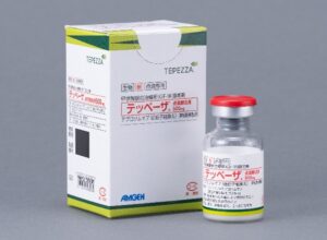 甲状腺眼症治療薬「テッペーザ点滴静注用500mg」の外箱とバイアル